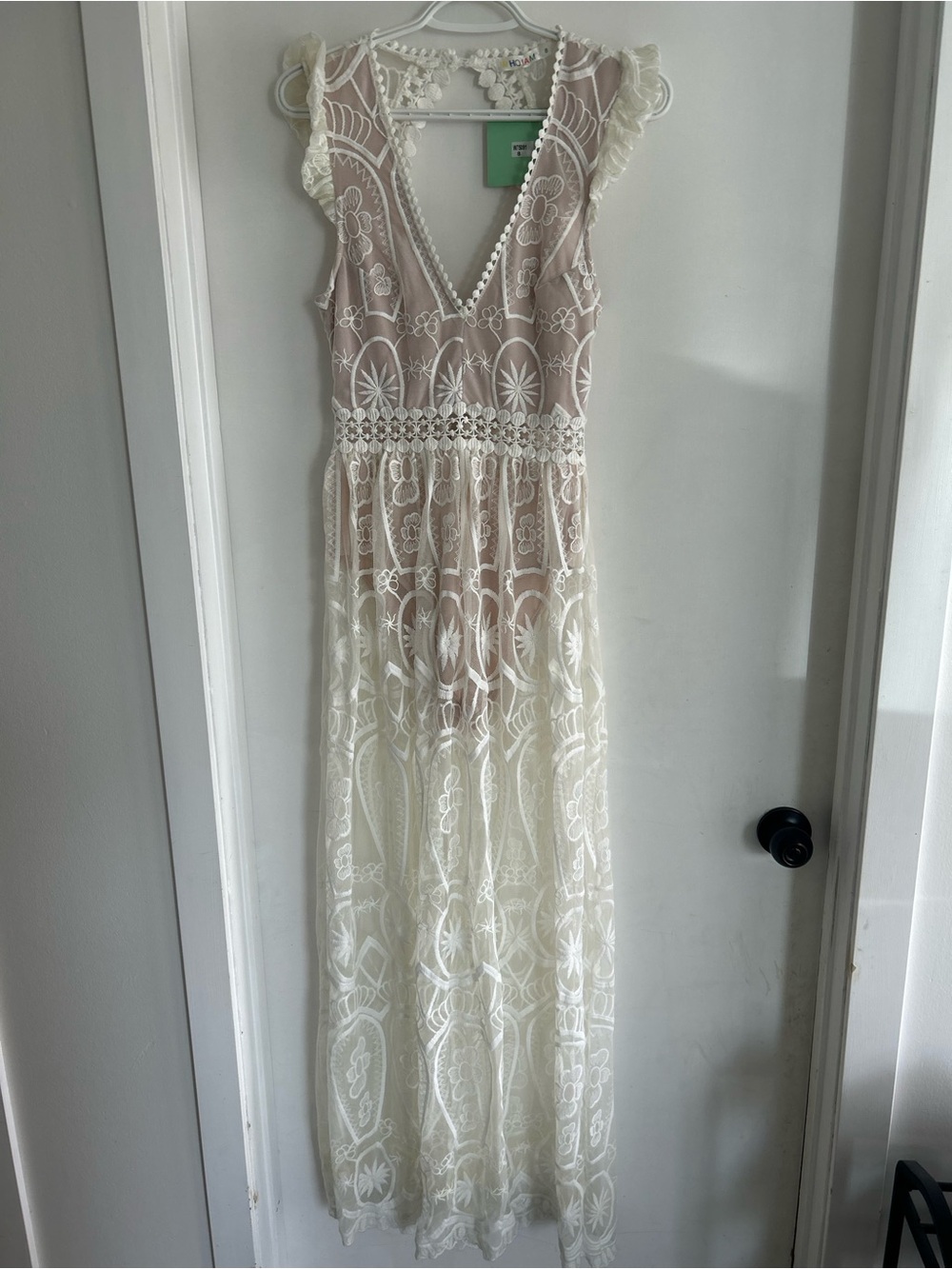 WHOIAM Sheer Ivory Lace Maxi Dress with Nude Slip